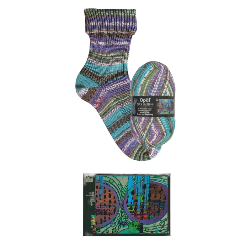 Opal SOCKENWOLLE NACH HUNDERTWASSER - BONIFAKTUR - 2106 Regen auf Regentag - in Variation nach Hundertwasser - Werk 676A - Opal SOCKENWOLLE NACH HUNDERTWASSER